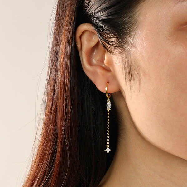 FE2287 925 Sterling Silver Cubic Zirconia Long Chain Hoop Earrings