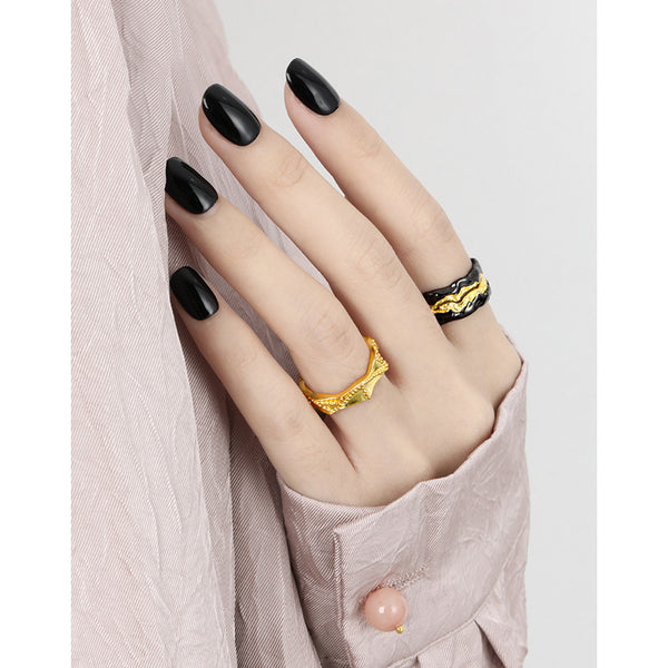 RHJ1173 925 Sterling Silver Irregular Twisted Bead Engraving Open Ring