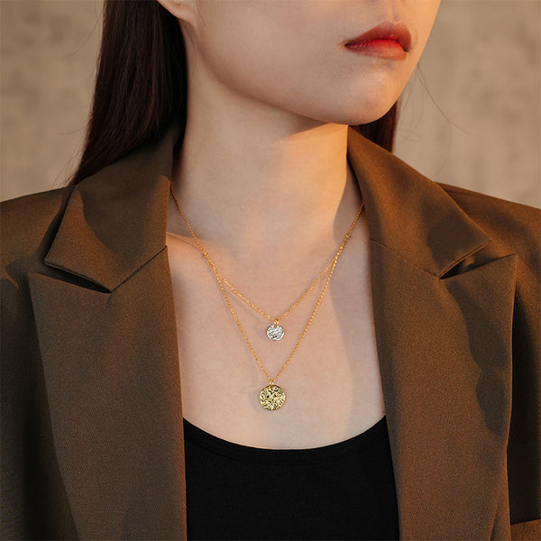 FX1260 925 Sterling Silver Double Texture Coin Necklace
