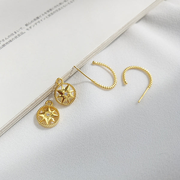 FE2510 925 Sterling Silver Eight Pointed Star Dangle Hoop Earring