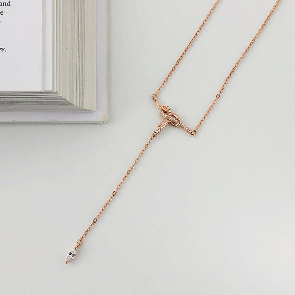 FX1047 925 Sterling Silver Cubic Zirconia Simple Tassel Bow Necklace