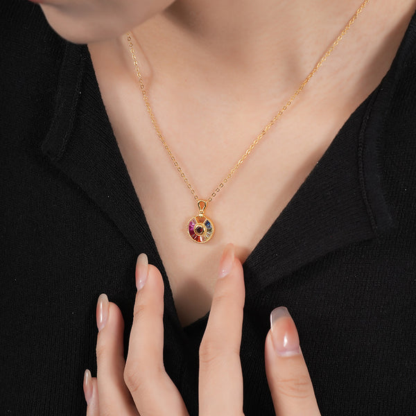 FX0998 925 Sterling Silver Rainbow Cubic Zirconia Coin Pendant Necklaces