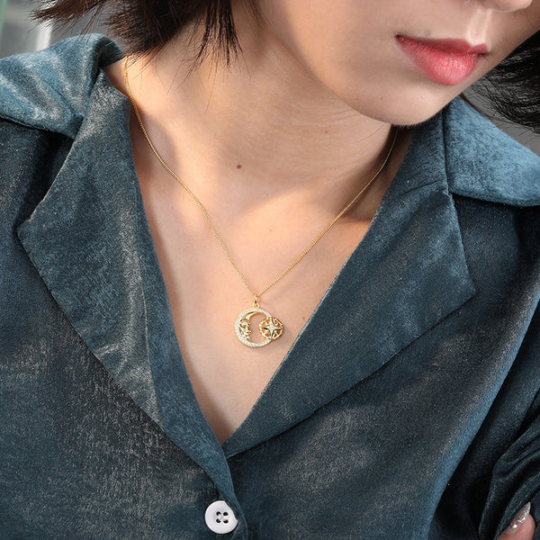 FX1056 925 Sterling Silver Moon Crescent Octagram CZ Pendant Necklaces