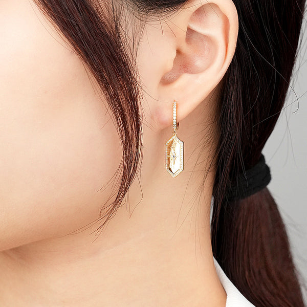 FE2526 925 Sterling Silver Compass CZ Stone Dangle Hoop Earring