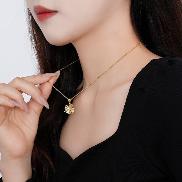 FX1258 925 Sterling Silver Rainbow Lucky Leaves Necklace