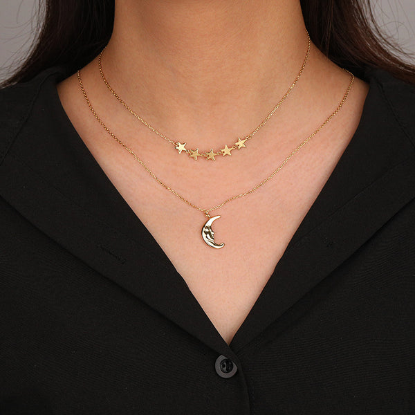 FX1155 925 Sterling Silver Layer Star and Crescent Moon Necklace