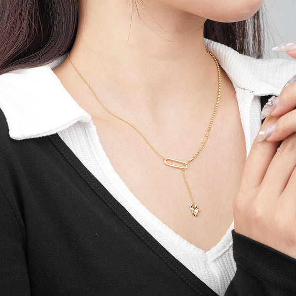 FX1101 925 Sterling Silver Long Tassel Oval Pendant Necklace