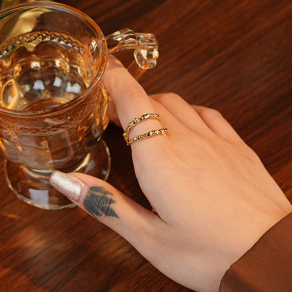 FJ1076 925 Sterling Silver Tinfoil Textured Double Layer Ring