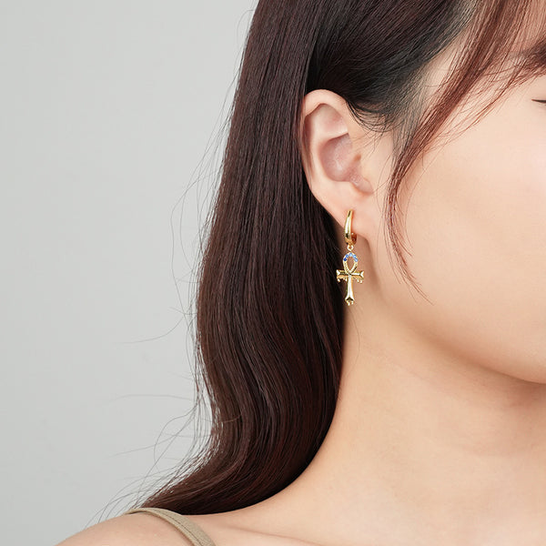 FE2531 925 Sterling Silver CZ Stone Cross Dangle Hoop Earring