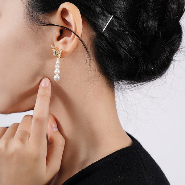 FE2660 925 Sterling Silver Zircon Butterfly Shell Pearl Stud Earrings