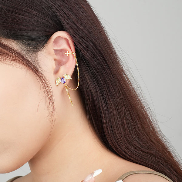 FE2584 925 Sterling Silver Asymmetric Bat Chain Cross Dangle Hoop Earring