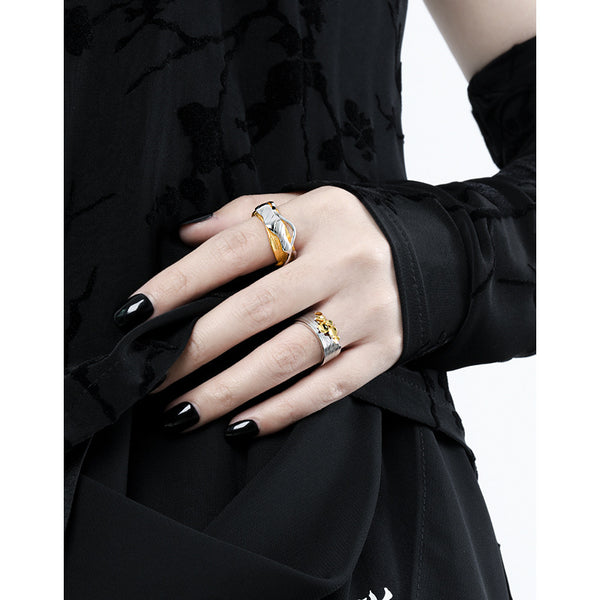 RHJ1196 925 Sterling Silver Two-tone Irregular Wave Design Open Ring