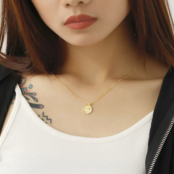 FX1161 925 Sterling Silver 12 Zodiac Coin Round Plate Pendant Necklace