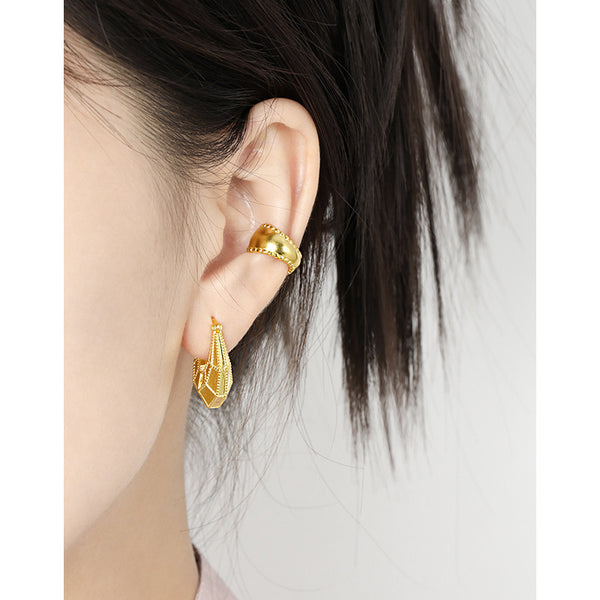 RHE1334 925 Sterling Silver Irregular Cut Bead Engraved U-Shaped Hoop Earrings