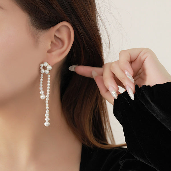 FE2593 925 Sterling Silver Tassel Pearl Dangle Stud Earring