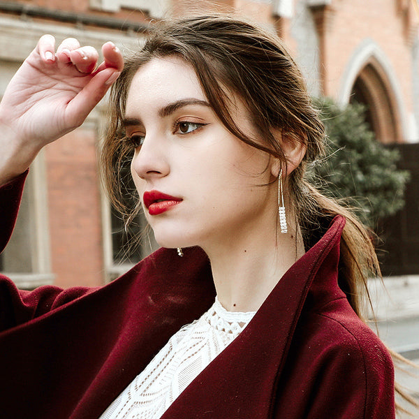 FE2689 925 Sterliang Silver Long Tassel Zircon Dangle Stud Earring