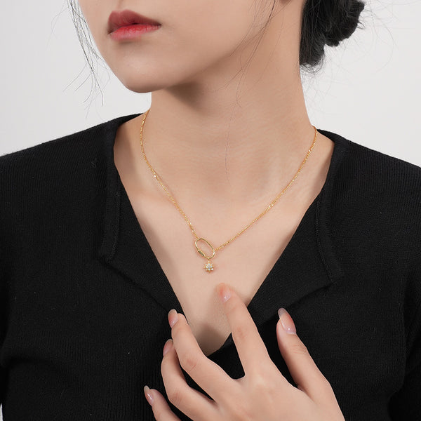 FX1072 925 Sterling Silver Zircon Starburst Oval Pendant Necklace