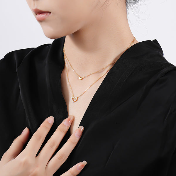 FX1060 925 Sterling Silver Double Stacked Pave CZ Heart Necklace