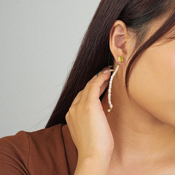 FE2652 925 Sterliang Silver Vintage Lion Long Rice Pearl Dangle Stud Earring