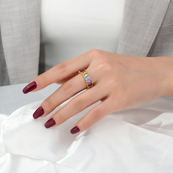 FJ1091 925 Sterling Silver Colorful Baguette CZ Ring