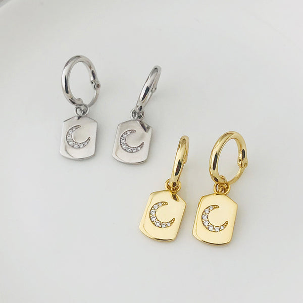 FE2550 925 Sterling Silver Moon Tag CZ Stone Dangle Hoop Earring