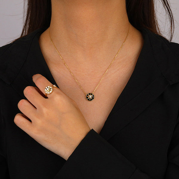 FX1153 925 Sterling Silver Rotating Compass Octagram Mother of Pearl Black Onyx Necklace