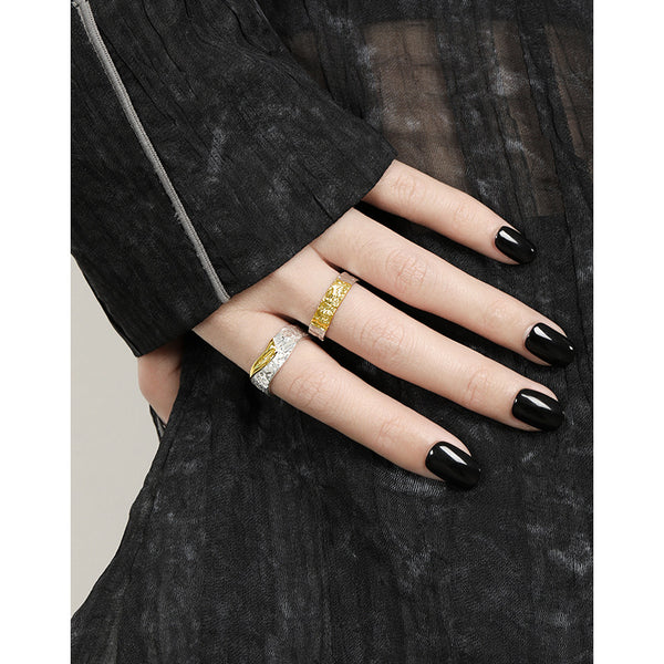 RHJ1179 925 Sterling Silver Two-Tone Geometric Irregular Open Ring