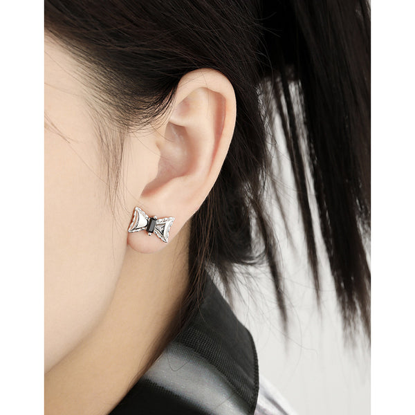 RHE1336 925 Sterling Silver Personalized Black Zircon Bow Stud Earrings