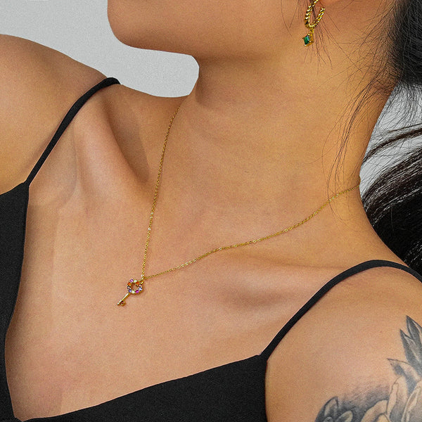 FX1084 925 Sterling Silver Rainbow Cubic Zirconia Key Pendant Necklace