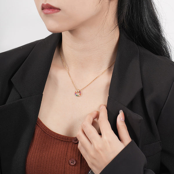 FX1006 925 Sterling Silver Colorful CZ Starburst Circle Pendant Necklaces