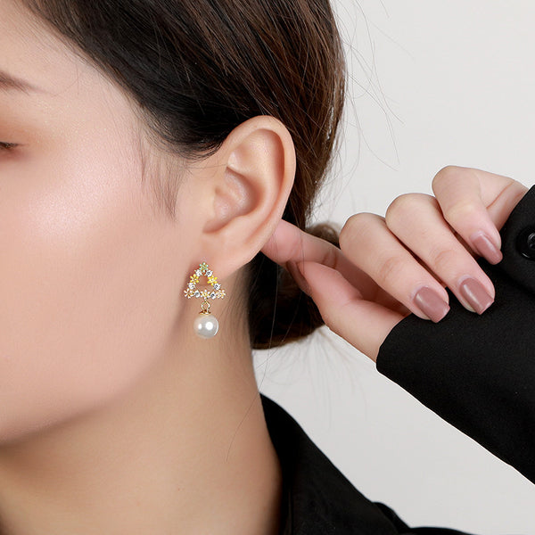 FE2592 925 Sterling Silver Triangle Pearl Dangle Stud Earring