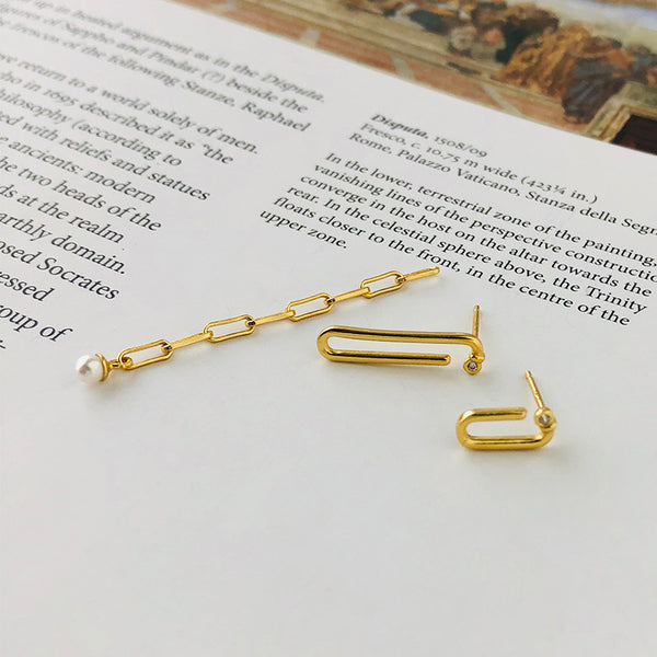 FE2670 925 Sterling Silver Long Asymmetric Chain Stud Earrings