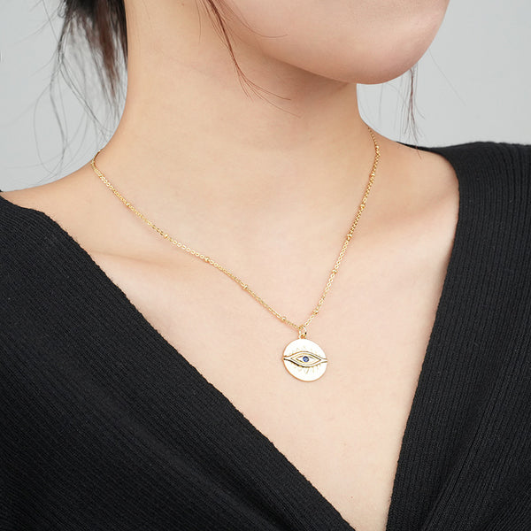 FX1086 925 Sterling Silver Zirconia Evil Eye Coin Pendant Necklace