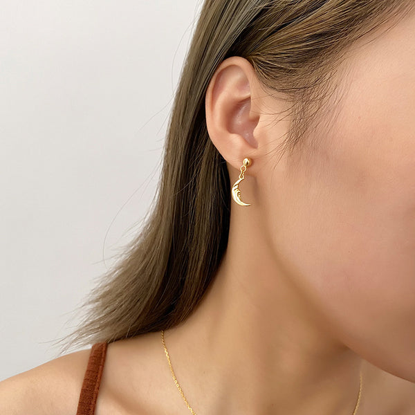 FE2596 925 Sterling Silver Dainty Moon Face Dangle Stud Earring