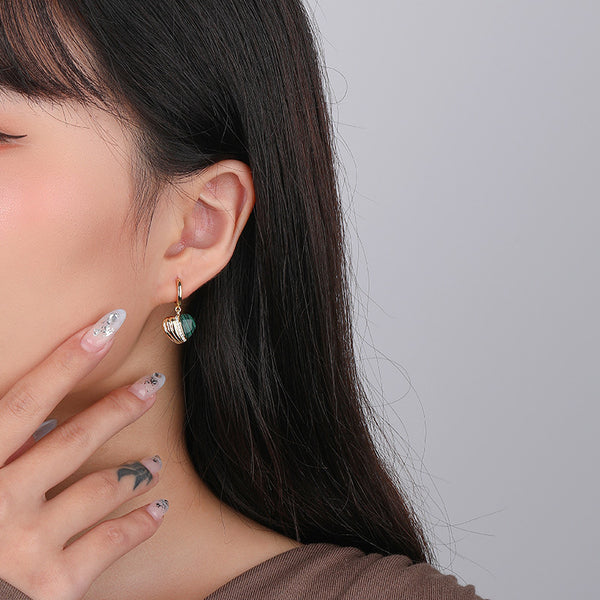 FE2542 925 Sterling Silver Malachite CZ Stone Love Heart Dangle Hoop Earring