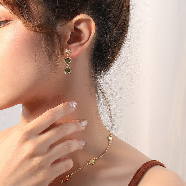 FE2505 925 Sterling Silver Sun Flower Dangle Stud Earrings