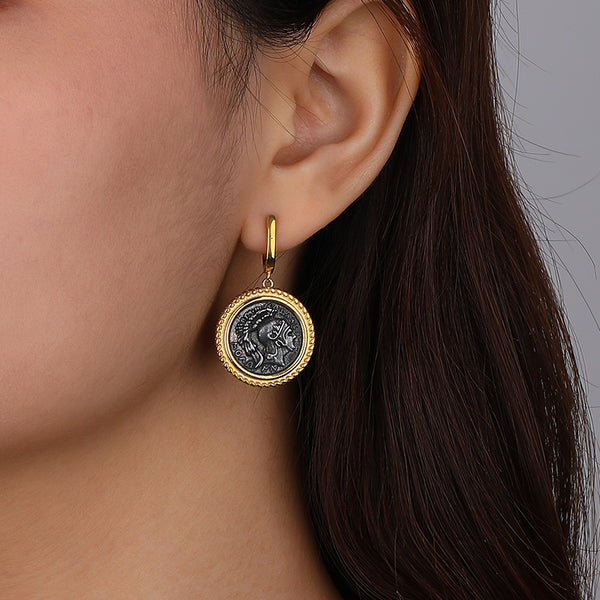 FE2501 925 Sterling Silver Retro Portrait Coins Dangle Earrings