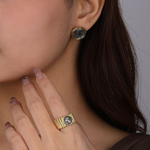 FE2271 925 Sterling Silver Portrait Ancient Coin Stud Earrings