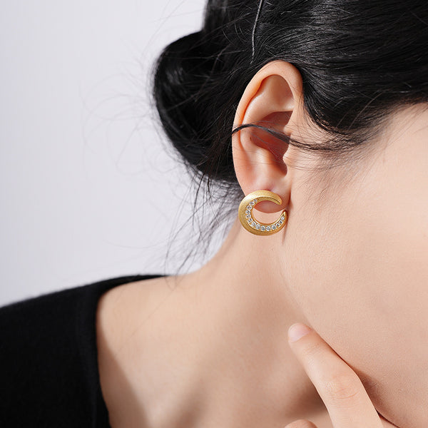 FE2676 925 Sterling Silver Brushed Frosted Moon Zircon Stud Earrings