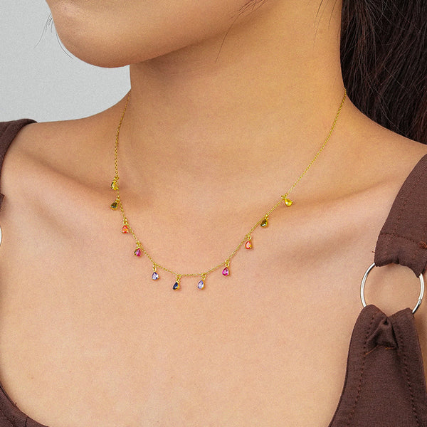 FX0992 925 Sterling Silver Rainbow Waterdrop Cubic Zirconia Necklaces