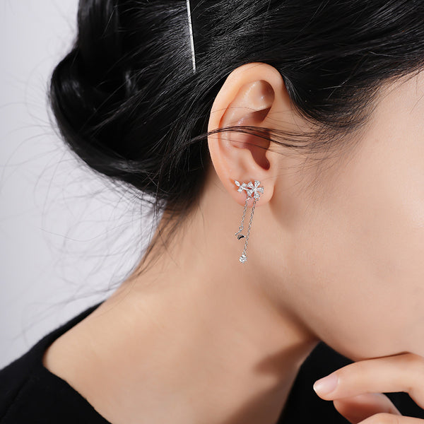 FE2683 925 Sterling Silver Long Tassel Butterfly Flower Zircon Stud Earrings