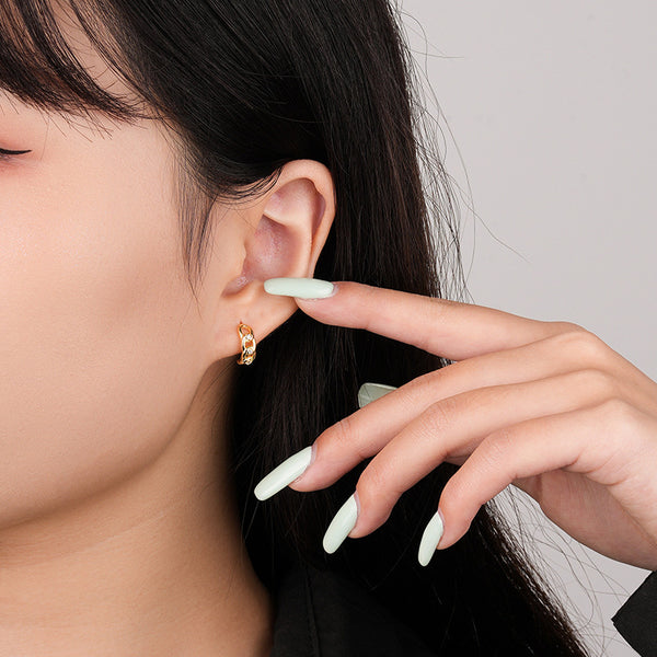 FE2539 925 Sterling Silver Dainty C Shape Chain CZ Stone Stud Earring