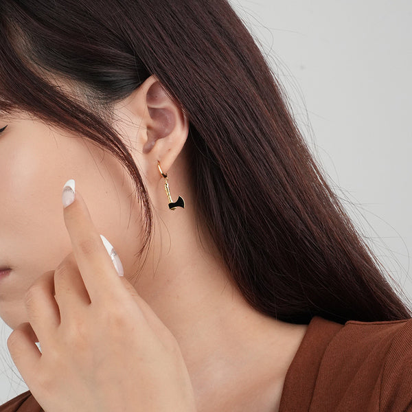 FE2527 925 Sterling Silver Asymmetry Axe CZ Stone Dangle Hoop Earring