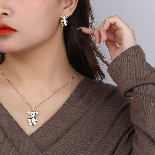 FX1143 925 Sterling Silver Checkerboard Bear Pendant Necklace