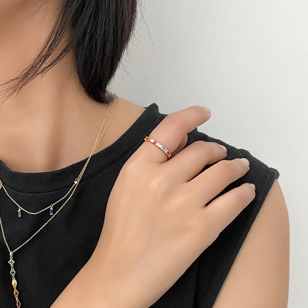 FJ1138 925 Sterling Silver Rainbow Crystal Ring