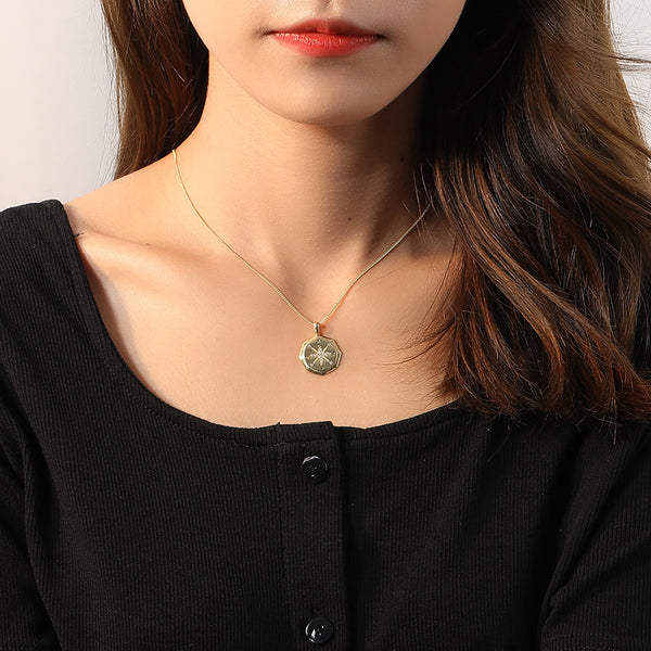 FX1055 925 Sterling Silver Vintage Compass Octagram Necklace