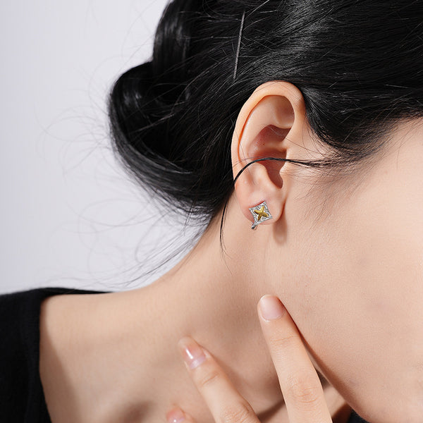 FE2489 925 Sterling Silver Four Pointed Star Contrasting Color Hoop Earrings