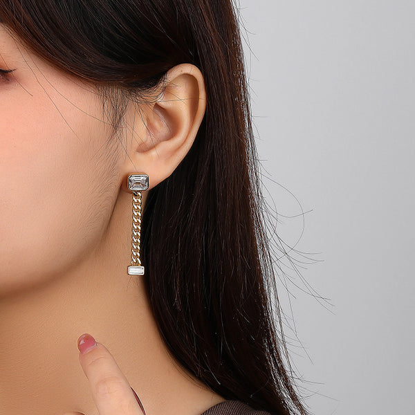 FE2629 925 Sterliang Silver Twist Chain Zircon Dangle Stud Earring