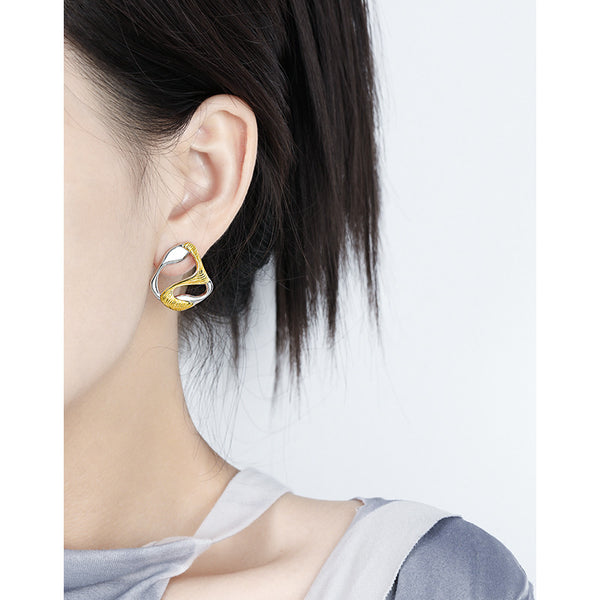 RHE1342 925 Sterling Silver Two-tone Geometric Cutout Textured Stud Earrings