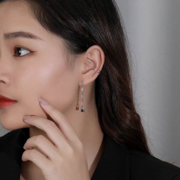 FE2594 925 Sterling Silver Tassel Chain Lock Dangle Stud Earring